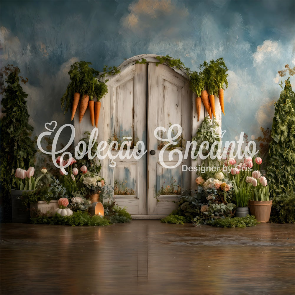 Oster-Karotten-Hintergrund Torbogen Tür Tulpenblüten Fotoshooting Oster-Hintergrund von Magali