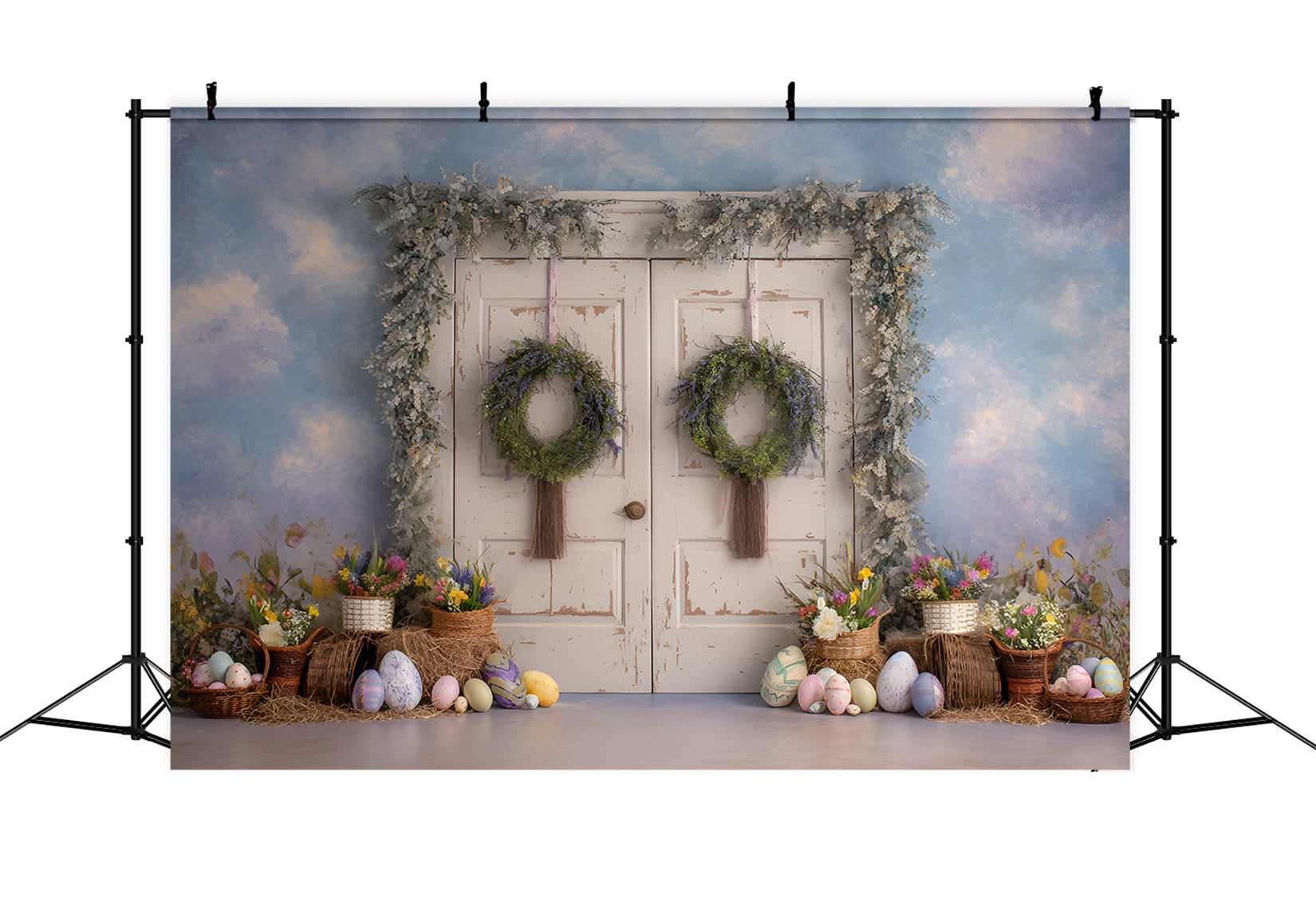 Osterkulisse im Vintage-Stil mit Blumen Landhausstil Tür Eierauslage Osterkulisse von Magali