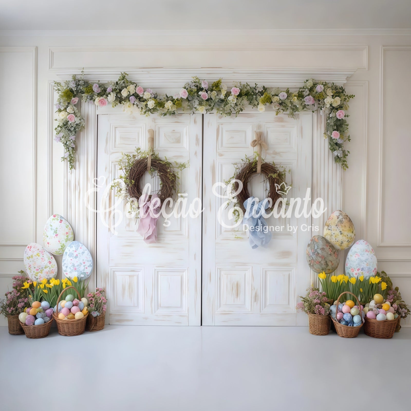 Osterkulisse „Frohe Ostern“ Shabby Chic Tür Eierkörbe Oster-Fotokulisse von Magali