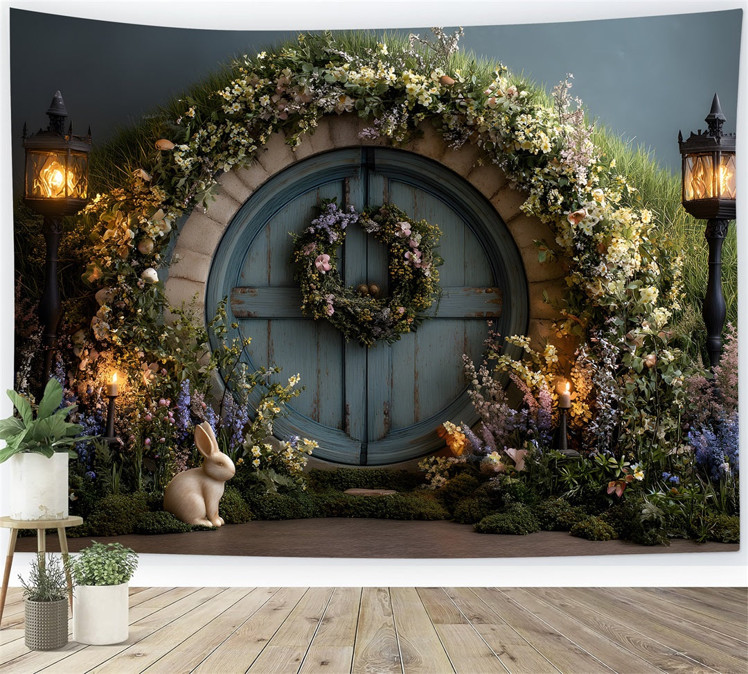 Hintergrund mit Hasenbau Verzauberte Moostür Laternenlicht Osterhintergründe von Magali