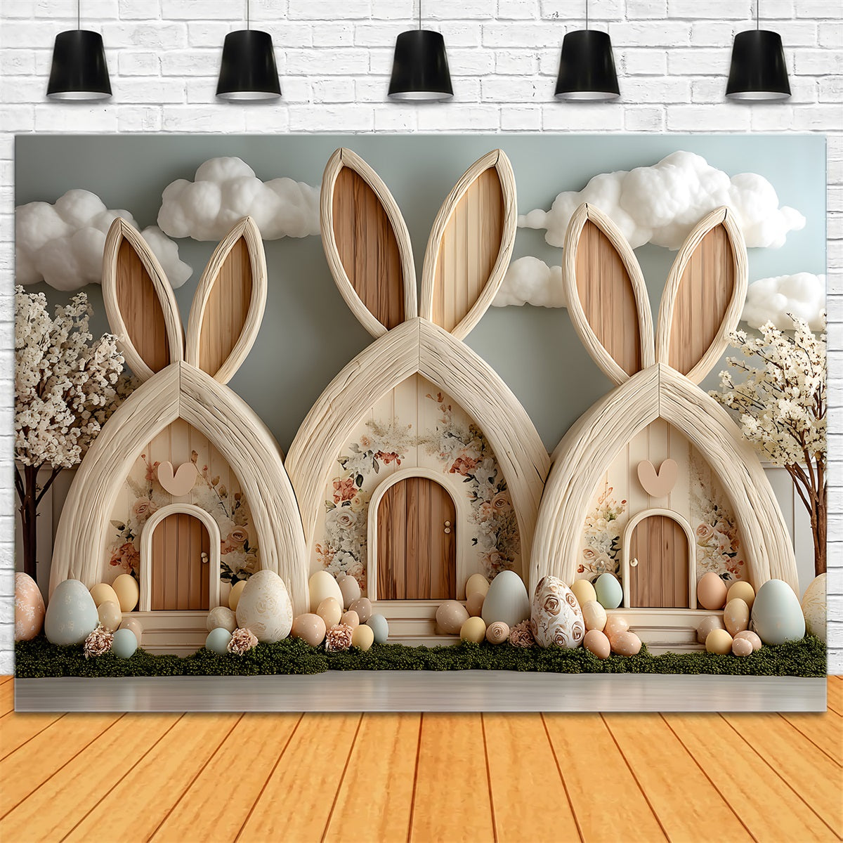 Hintergrund für Eiersuche Pastellfarbenes Häuschen im Dorf Osterhintergrund-Fotografie von Magali