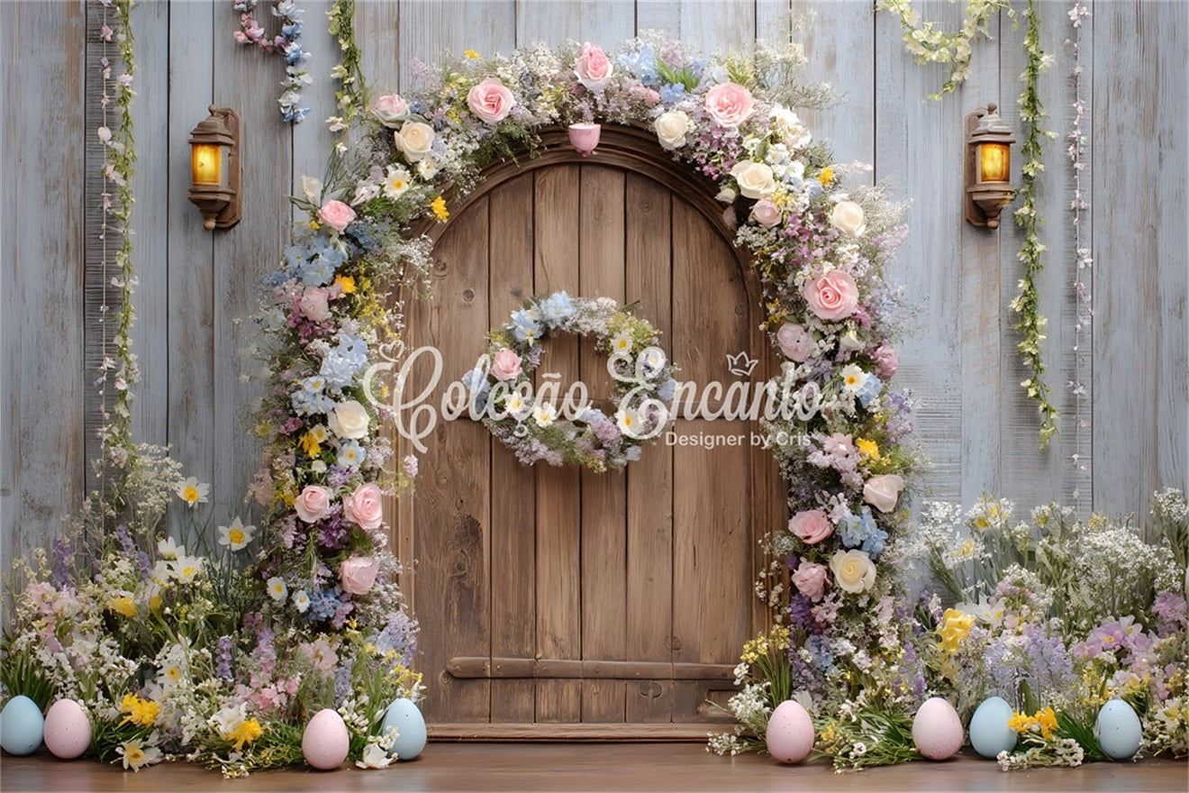 Osterkranz-Türhintergrund Rustikaler Blumen-Holztür-Osterhintergrund für Fotografie von Magali
