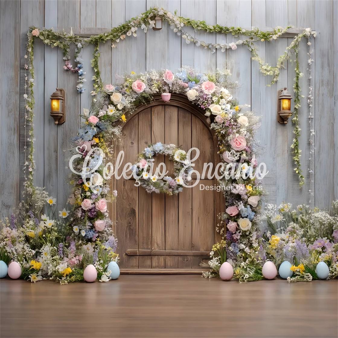 Osterkranz-Türhintergrund Rustikaler Blumen-Holztür-Osterhintergrund für Fotografie von Magali