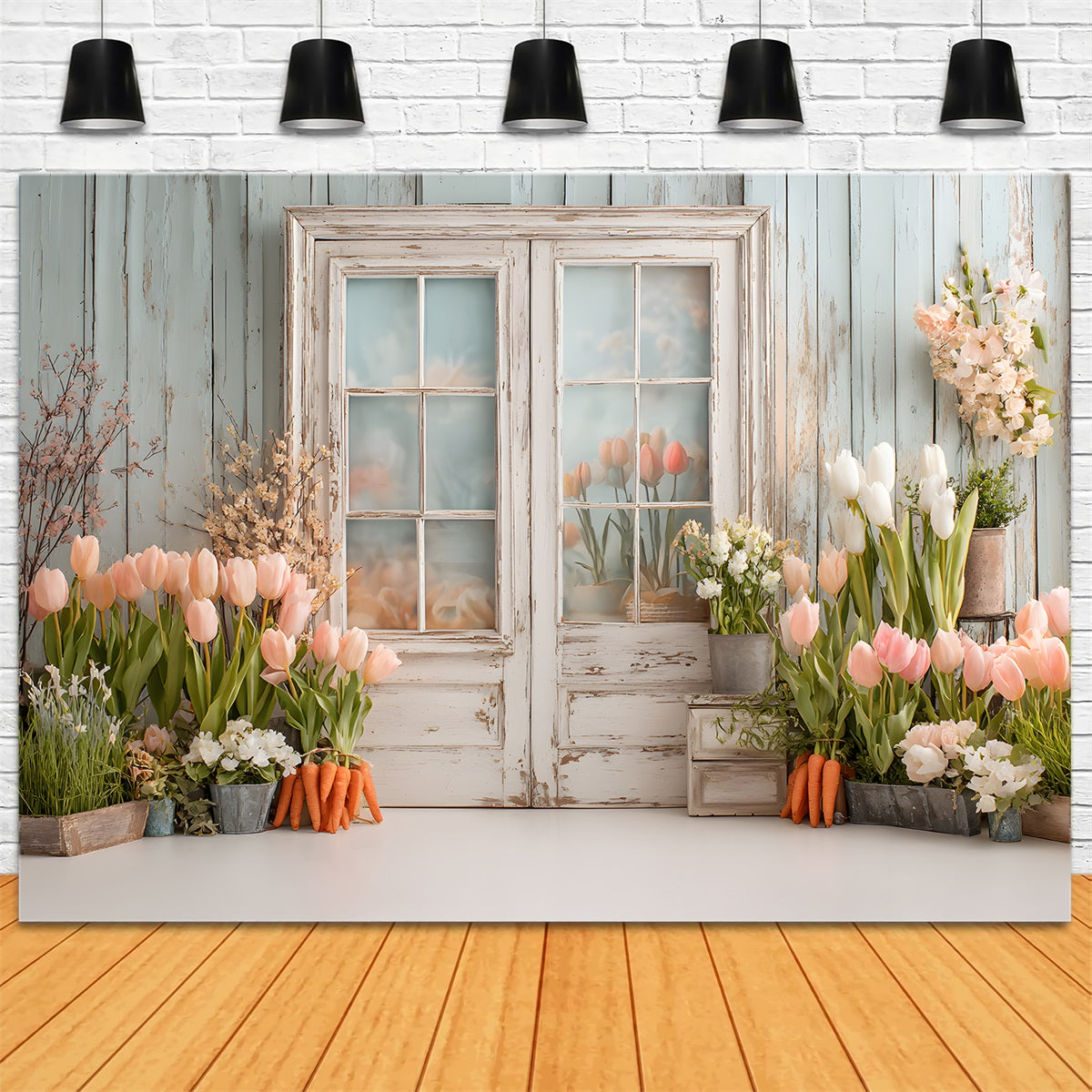 Oster-Tulpen-Hintergrund Vintage-Fenster-Garten-Charme Oster-Fotografie-Hintergründe von Magali