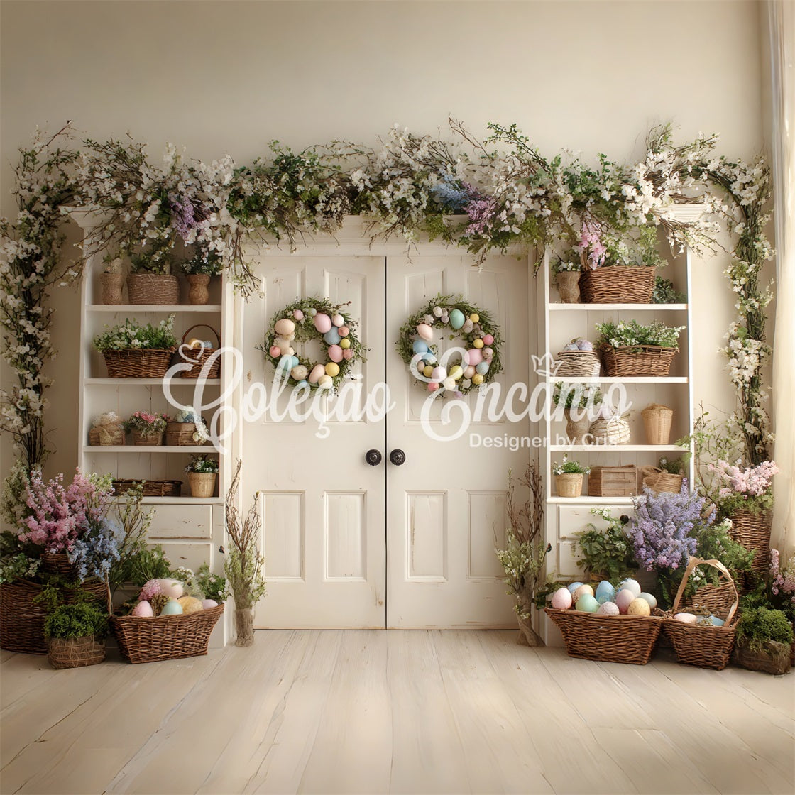 Oster-Frühlingsblumen-Kranz-Hintergrund Schrank-Eierkränze Oster-Bildhintergründe von Magali