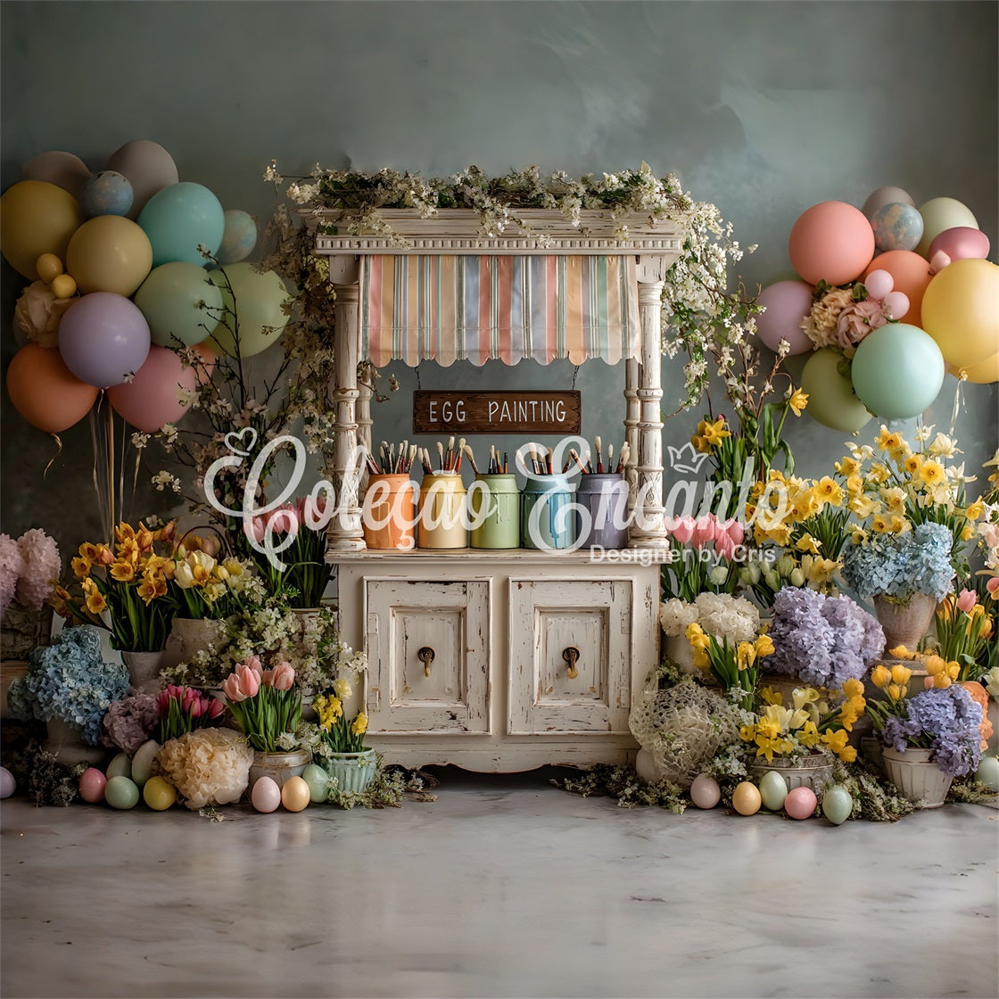 Oster-Narzissen-Hintergrund Pastell-Ballon-Eier-Malständer Oster-Foto-Hintergrund-Ideen von Magali