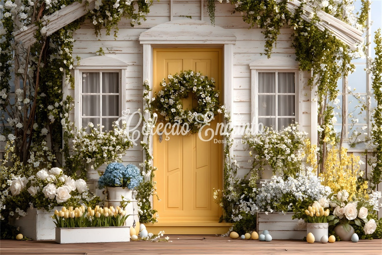Oster-Cottage-Garten-Hintergrund Blumenblüte Veranda Oster-Hintergrund für Bilder von Magali
