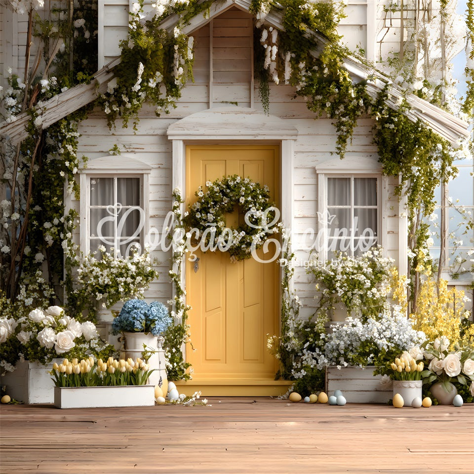 Oster-Cottage-Garten-Hintergrund Blumenblüte Veranda Oster-Hintergrund für Bilder von Magali