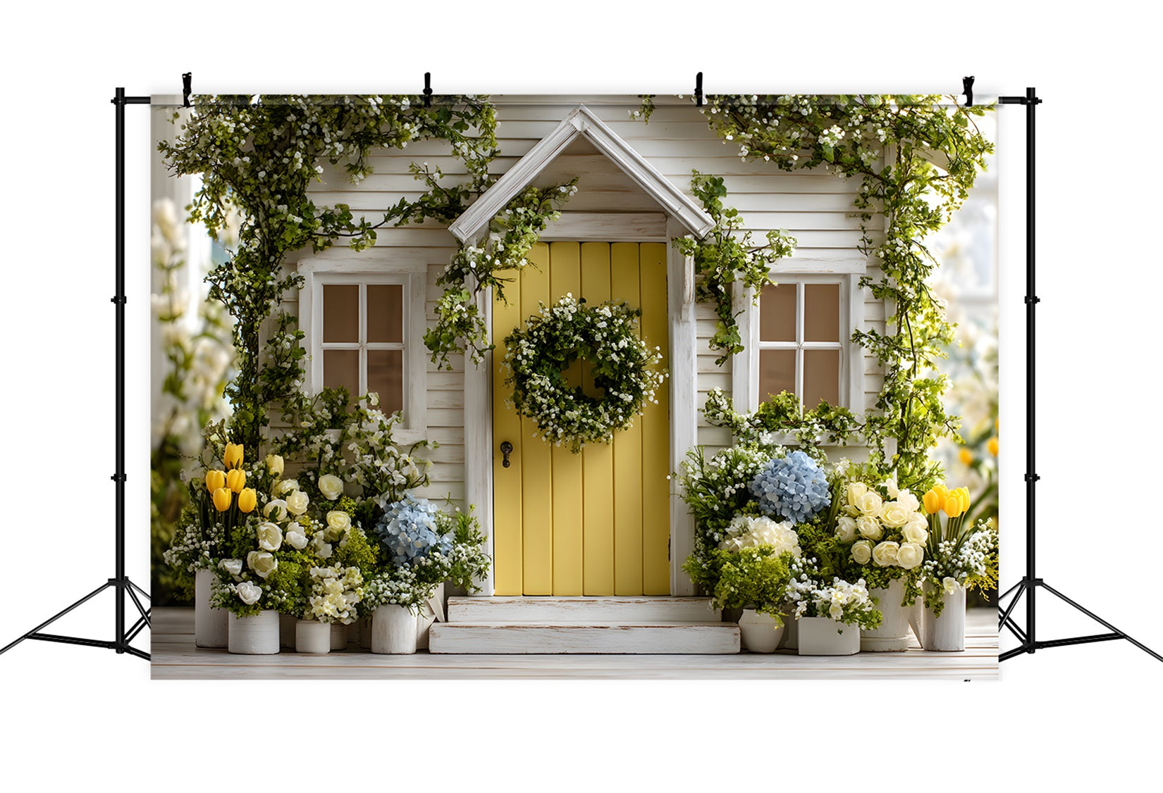 Oster-Frühlings-Hintergrund Charmante gelbe Tür Gartenblüte Frohe Ostern-Hintergrund von Magali