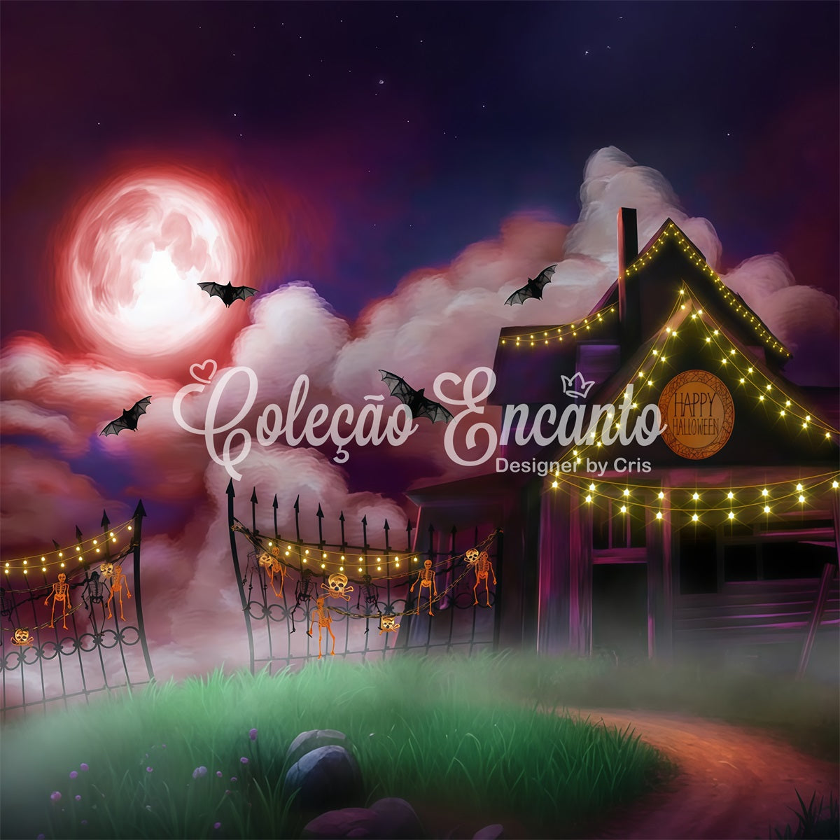 Kinder-Hintergrund Mondbeschienene Bauernhaus-Lichterkette Halloween-Hintergrund für Kinder von Magali