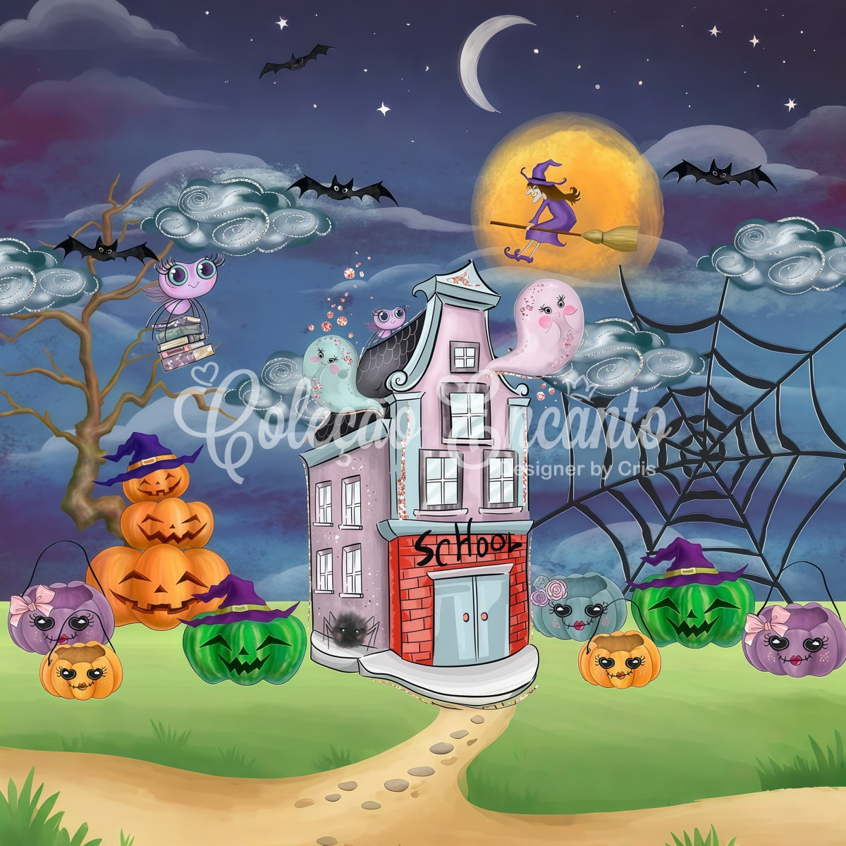 Neugeborenen-Hintergrund Gruselige Schule Kürbis Hexen-Nacht Halloween-Hintergrund für Kinder von Magali
