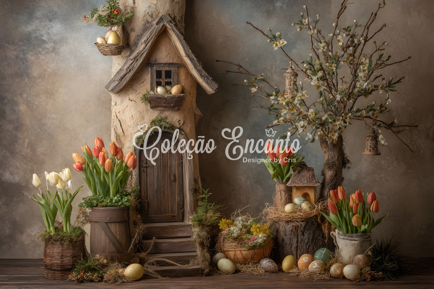 Oster-Tulpen-Hintergrund Rustikales Cottage Nestblume Oster-Fotoshooting-Hintergrund von Magali