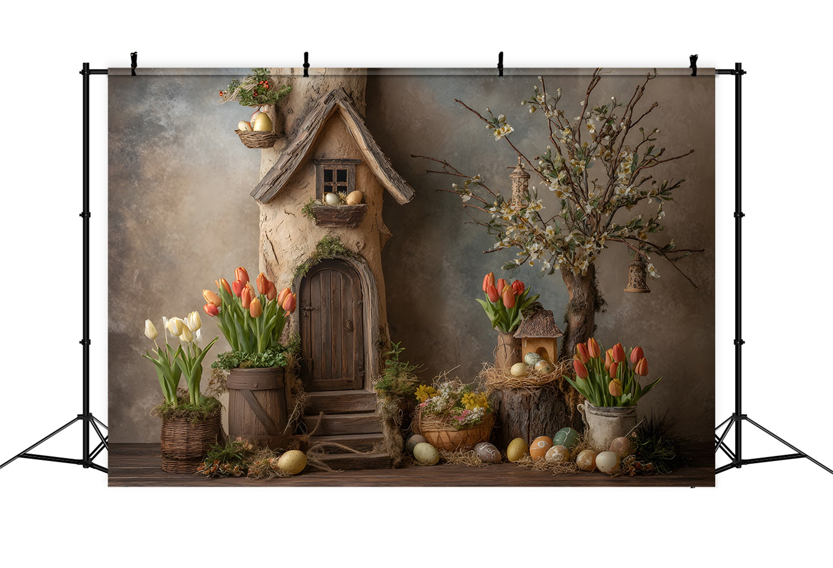 Oster-Tulpen-Hintergrund Rustikales Cottage Nestblume Oster-Fotoshooting-Hintergrund von Magali