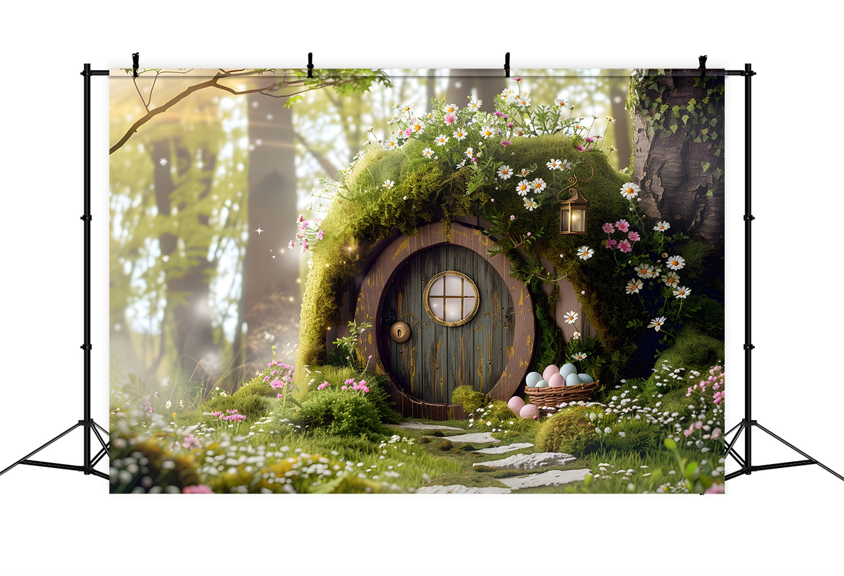 Hintergrund mit Hasenbau Verzauberter Mooswald Feentür Osterhintergrund für Fotos Von Magali