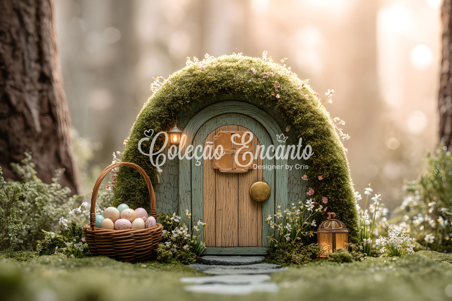 Osterhintergrund Natur Goldener Wald Moos Feenhäuschen Hintergrund Ostern Von Magali