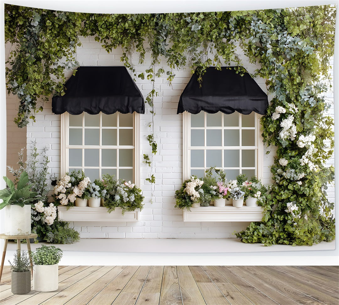 Osterfrühlingshintergrund Klassische weiße Ziegelmarkise Fenster Hintergründe für Ostern Von Magali