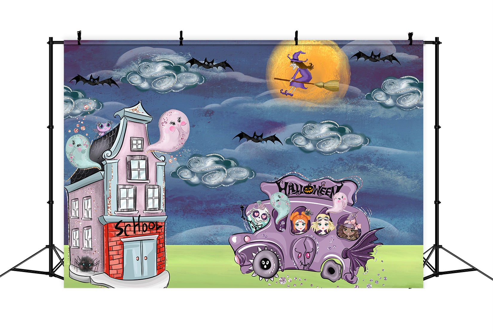 Neugeborenen-Fotohintergrund Gruseliger Bus Hexenmond Halloween-Hintergründe für Kinder von Magali