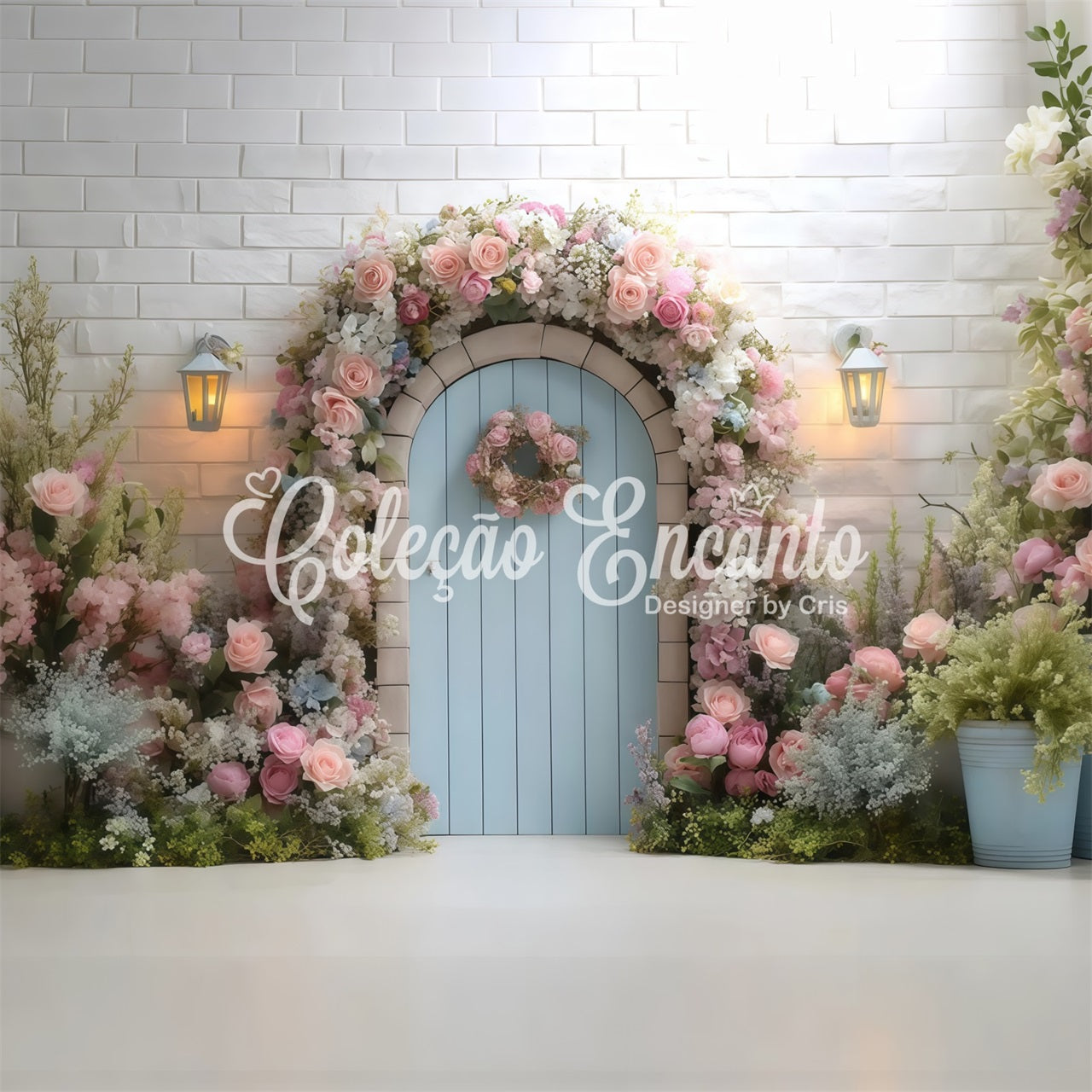 Osterkranz-Tür-Hintergrund Blumenbogen Blaue Tür Fotografie Oster-Hintergrund von Magali