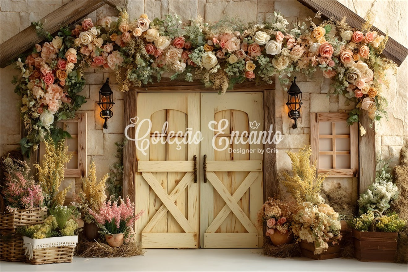 Oster-Vintage-Blumenhintergrund Steinhaus mit Blumentür Oster-Hintergründe Fotografie von Magali