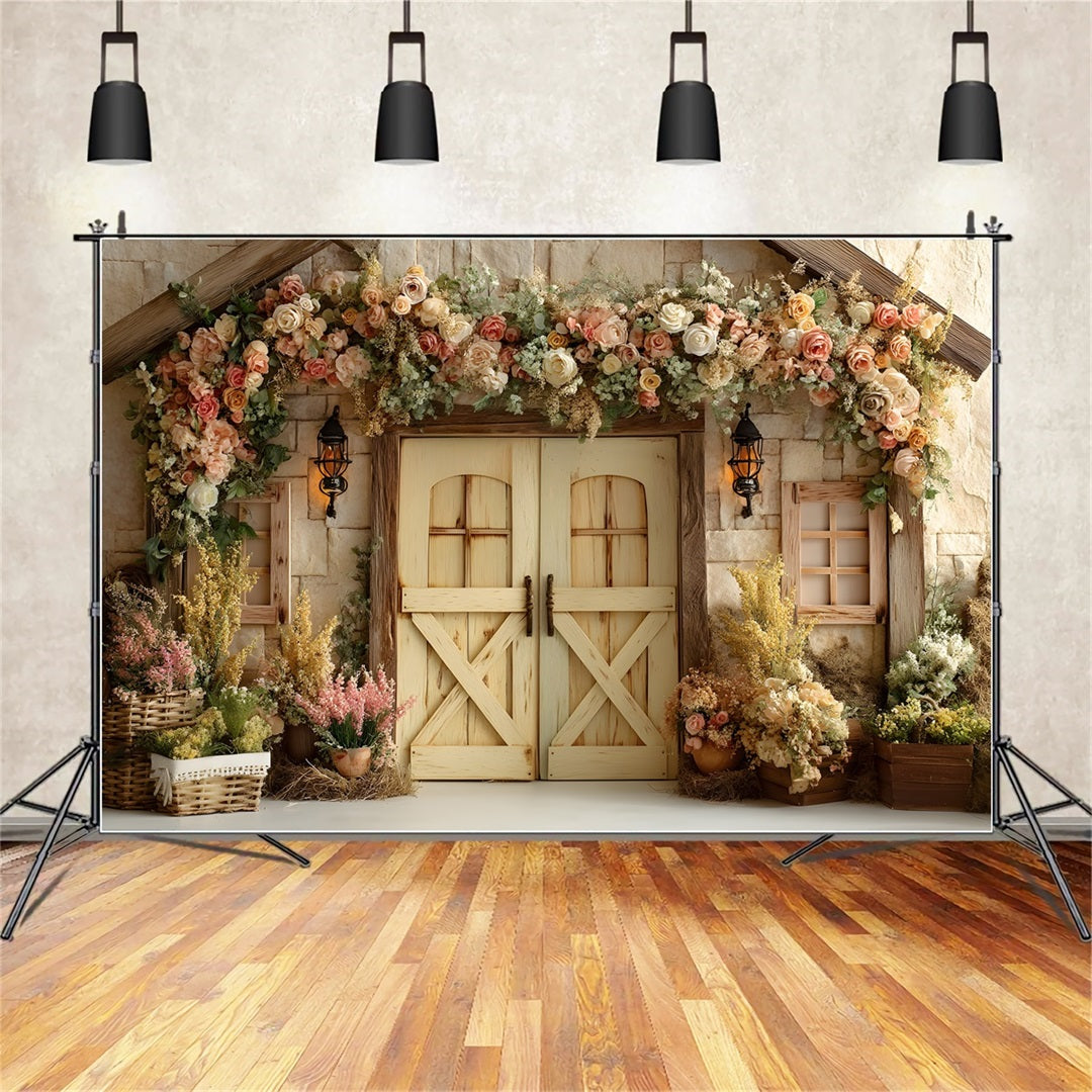 Oster-Vintage-Blumenhintergrund Steinhaus mit Blumentür Oster-Hintergründe Fotografie von Magali