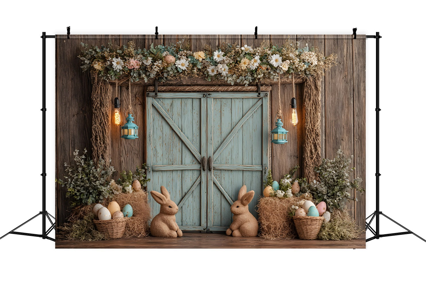 Oster-rustikaler Hintergrund Rustikale Hasen-Eier-Tür Frohe Ostern Foto-Hintergrund von Magali