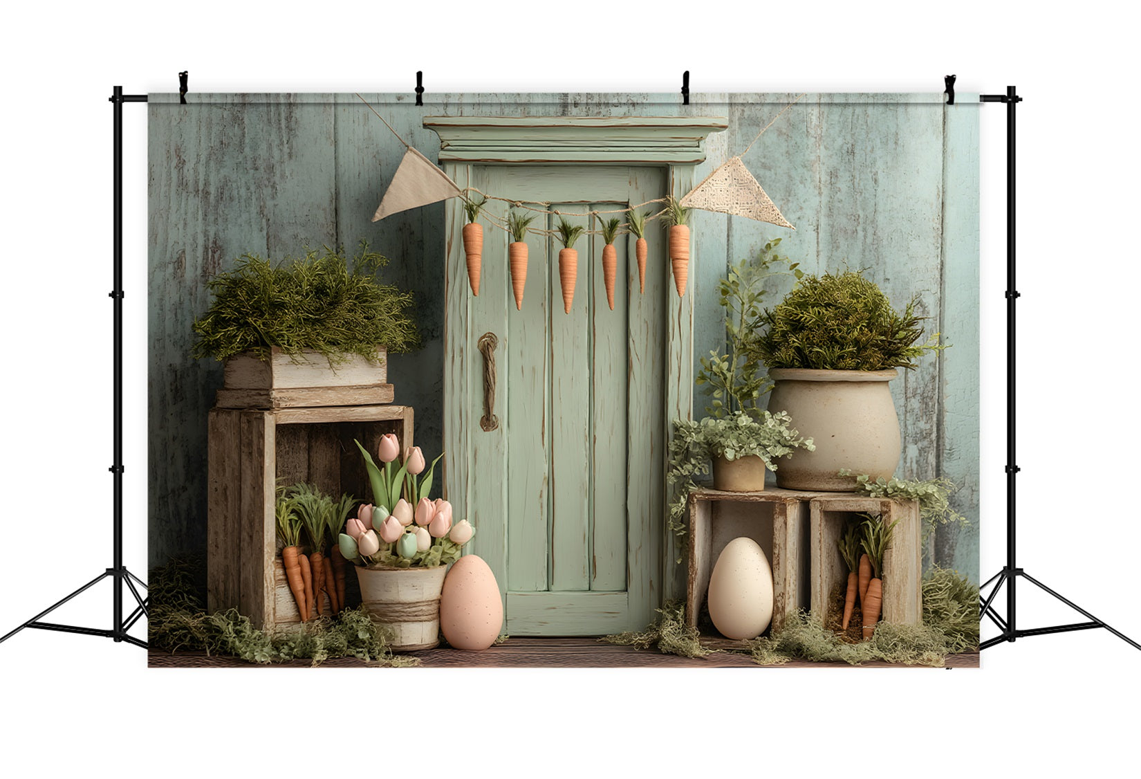 Karotten-Hintergrund Tulpen Eier Rustikale Holztür Oster-Hintergründe für Fotografie von Magali