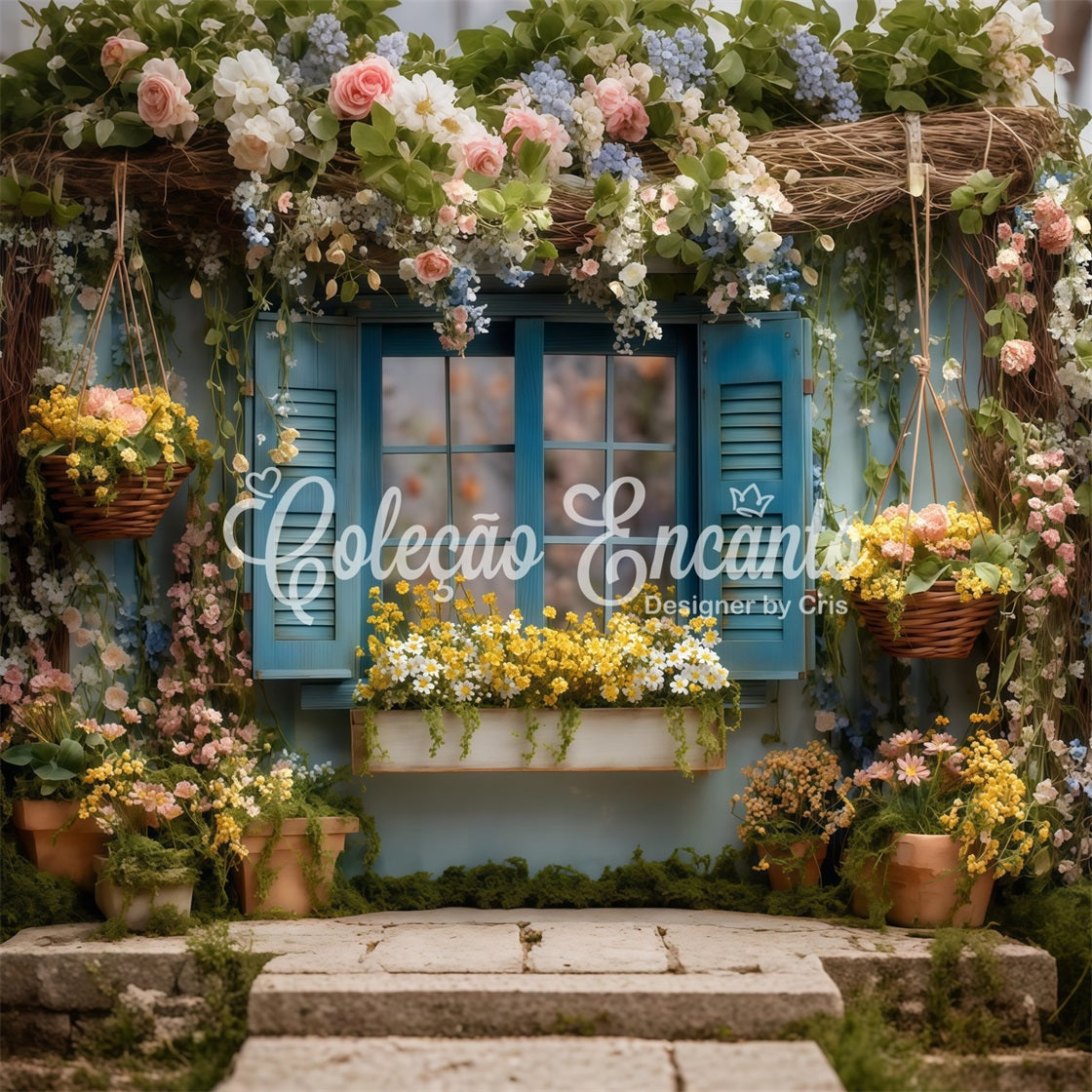 Oster-Cottage-Garten-Hintergrund Blaue Blumenfensterblüten Oster-Themenhintergrund Von Magali