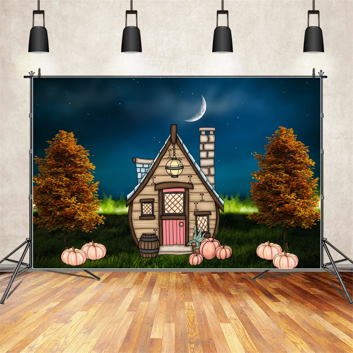 Neugeborenen-Hintergründe Mondbeschienenes Häuschen Kürbis Rasen Halloween-Hintergründe für Kinder von Magali