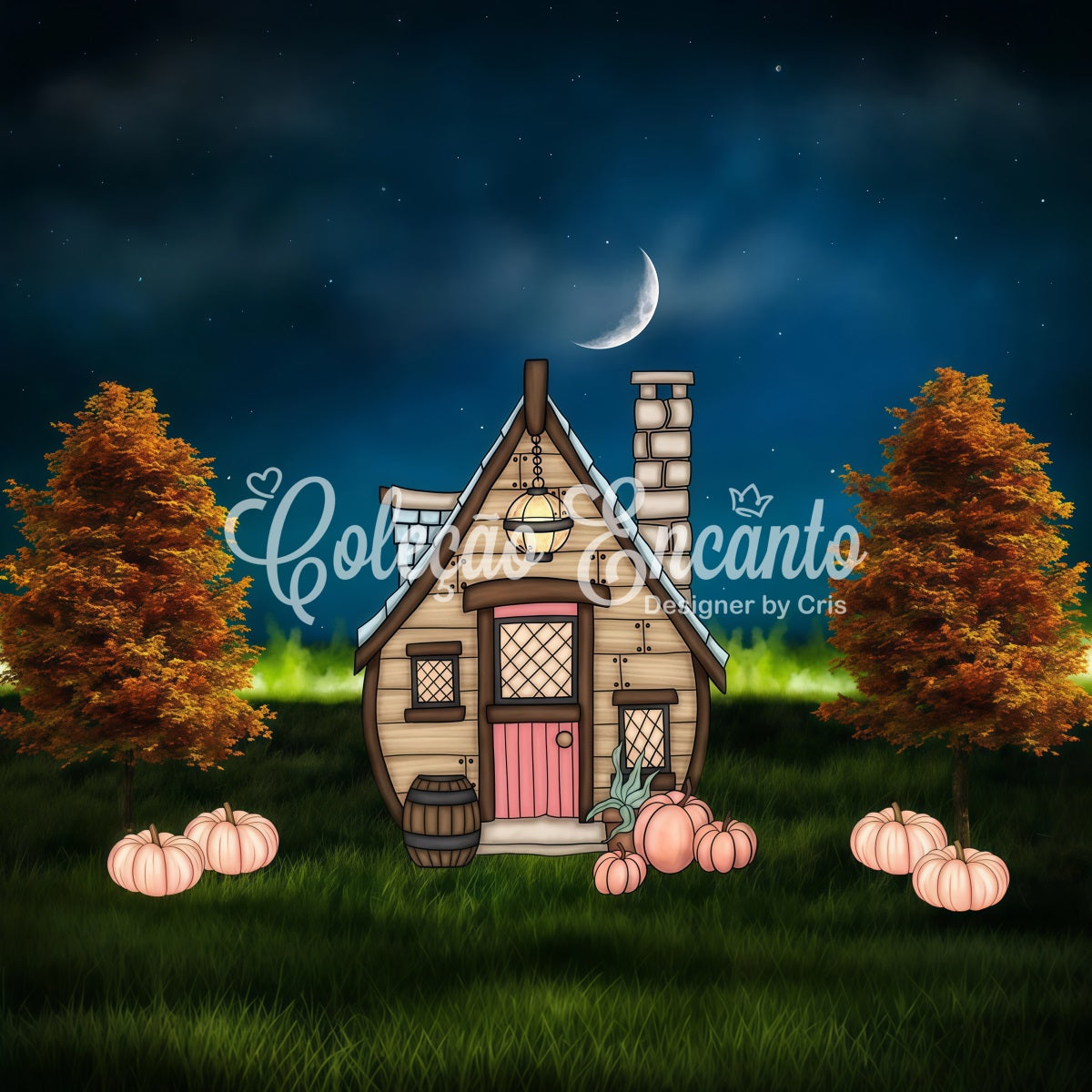 Neugeborenen-Hintergründe Mondbeschienenes Häuschen Kürbis Rasen Halloween-Hintergründe für Kinder von Magali