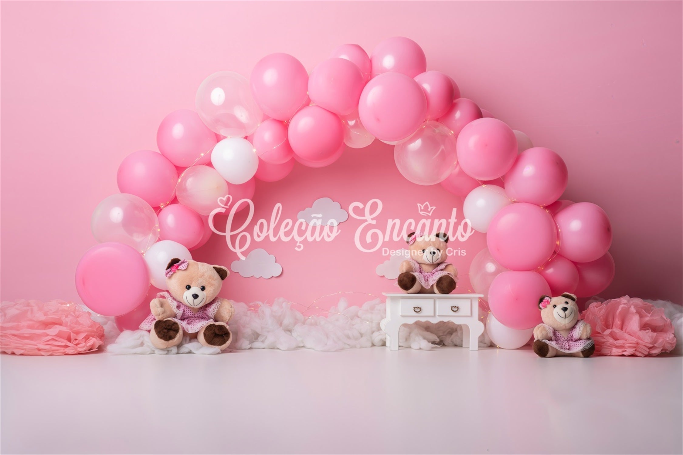 Neugeborenen-Hintergrund Rosa Ballonbogen Teddy-Trio Kinder-Fotohintergründe von Magali