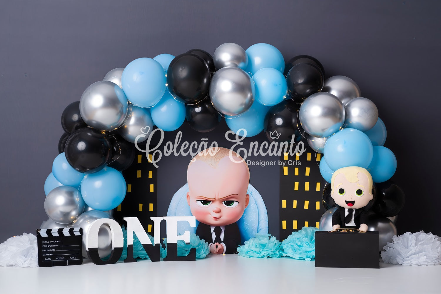 Kinder-Hintergrund Blau-Schwarz Ballon Stadt Boss Kinder-Geburtstagshintergrund von Magali