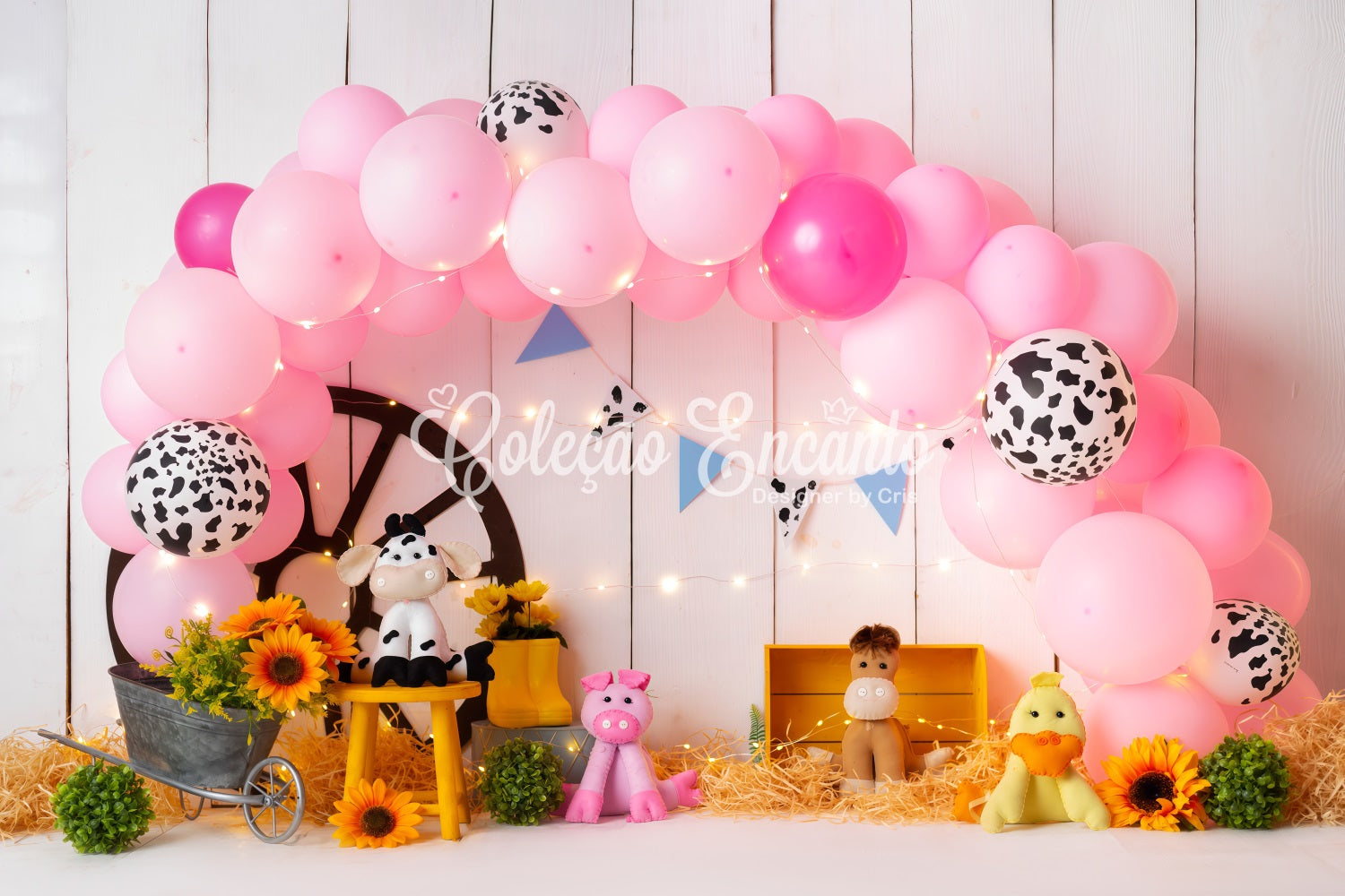 Neugeborenen-Fotohintergrund Rosa Bauernhof Ballon Sonnenblume Heu Cowgirl Hintergrundideen von Magali