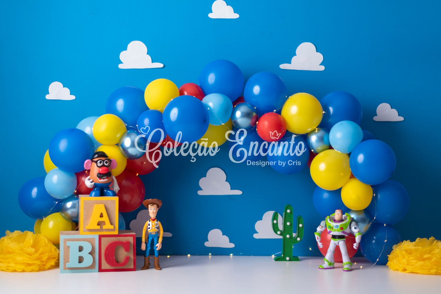 Hintergrund für Neugeborenenfotografie Blaue Ballons Spielzeug Cowboy Weltraum Kinder-Fotohintergrund von Magali