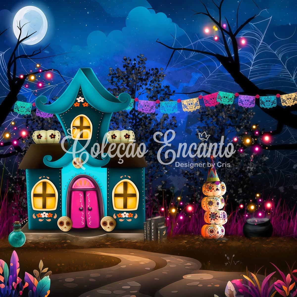 Kinder-Fotohintergründe Totenkopf-Kürbis-Fantasiehaus Kinder-Halloween-Fotohintergrund von Magali