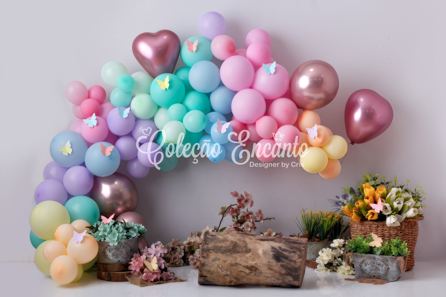 Kinderhintergrund Pastellfarbener Schmetterling Ballonblume Neugeborenen-Fotohintergrund von Magali