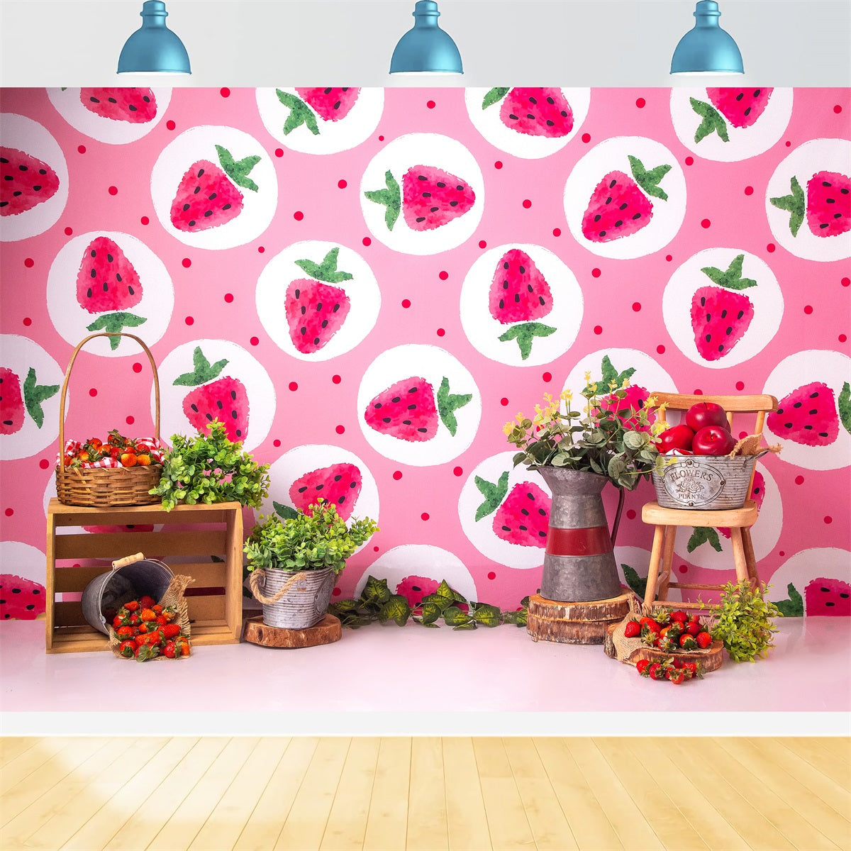 Kinderhintergründe Rosa Erdbeere Picknick Bauernhofstand Kinderfotografie-Hintergrund von Magali