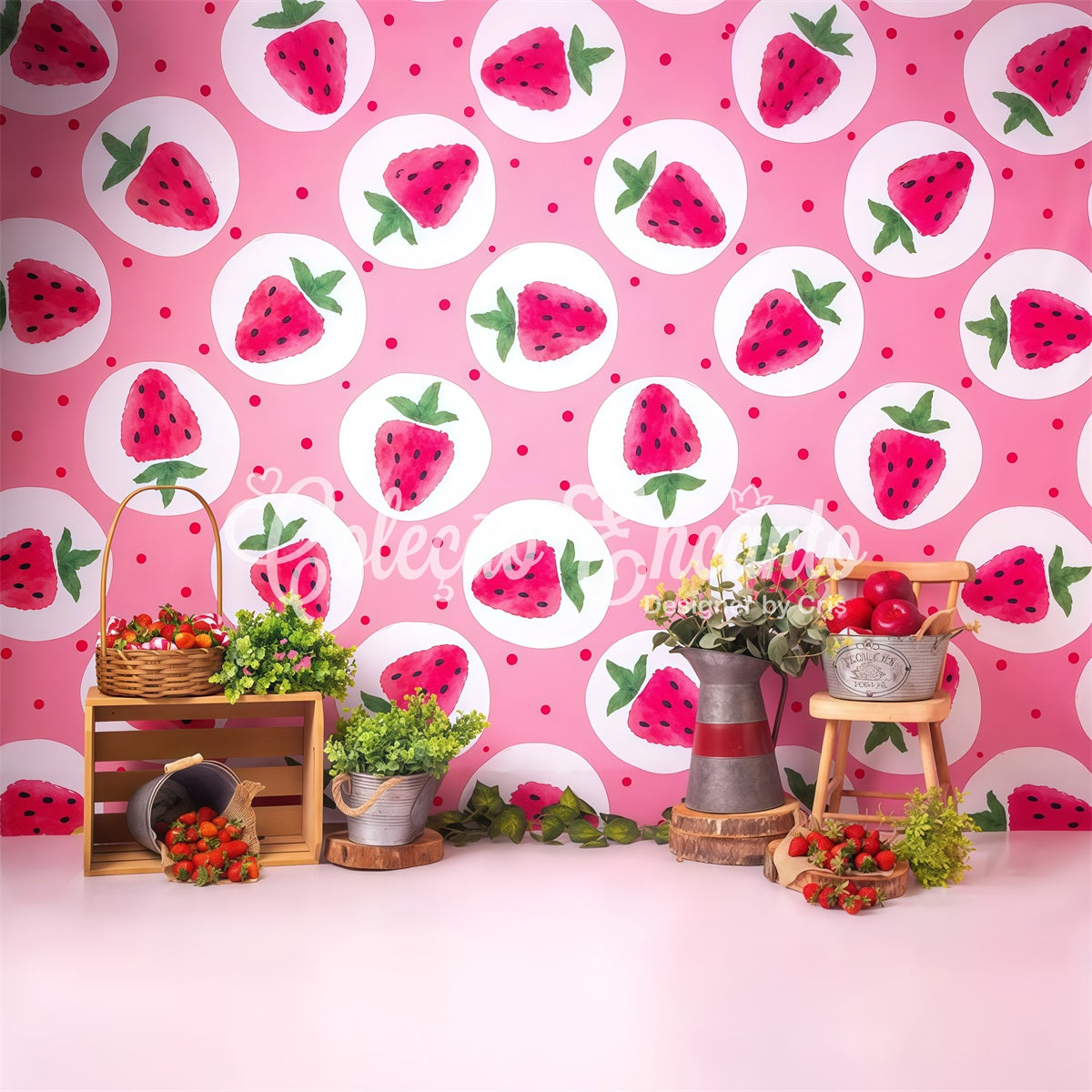 Kinderhintergründe Rosa Erdbeere Picknick Bauernhofstand Kinderfotografie-Hintergrund von Magali