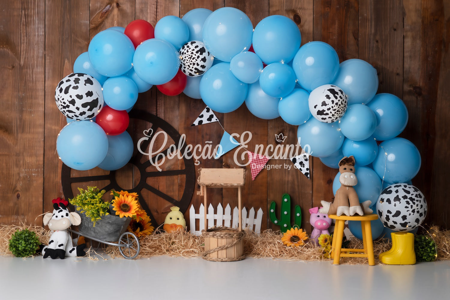 Kinderhintergründe Blaue Kuh Druck Bauernhof Ballonbogen Cowboy Hintergrund von Magali