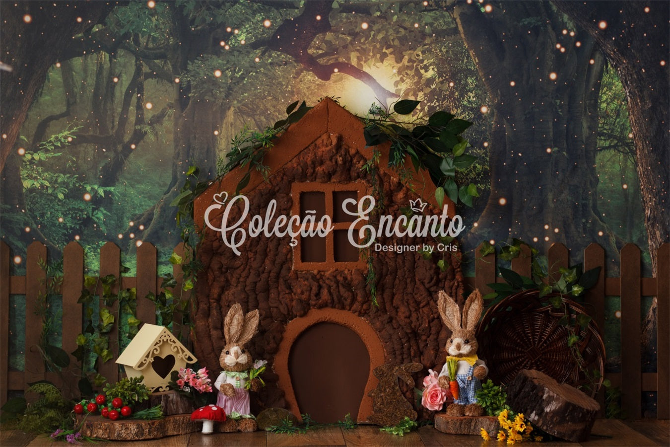 Kinderfotografie-Hintergrund Zauberwald Baumhaus Cottage Osterhase-Hintergrund von Magali