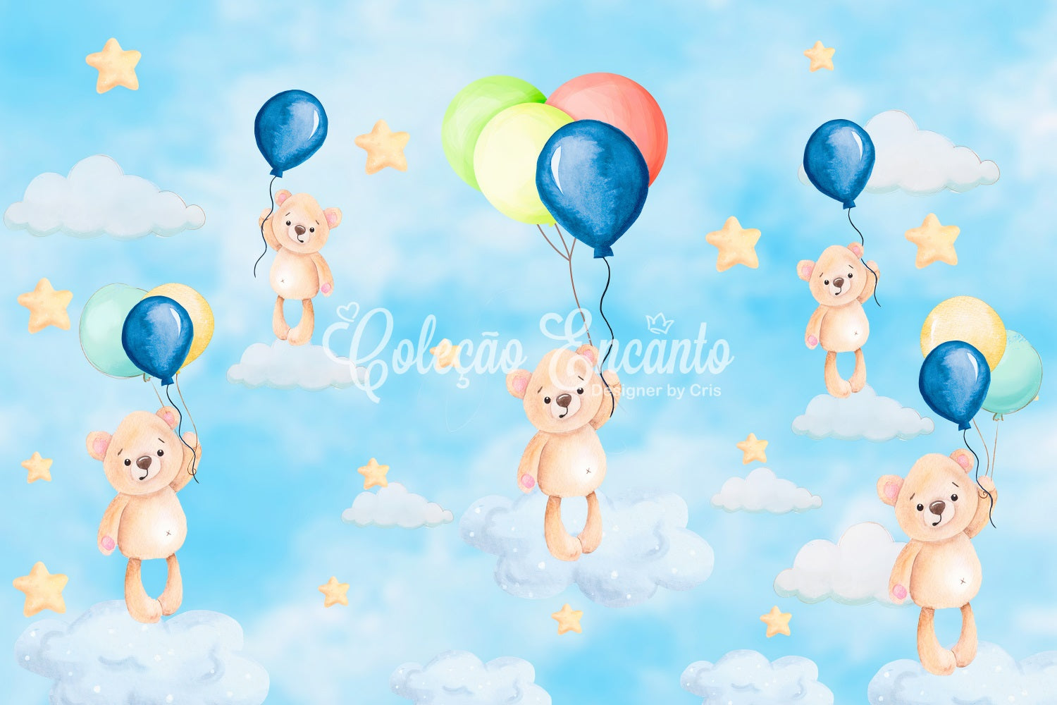 Kinder-Fotohintergrund Schwebende Teddybären-Ballons Traumhimmel-Sternenhintergrund von Magali