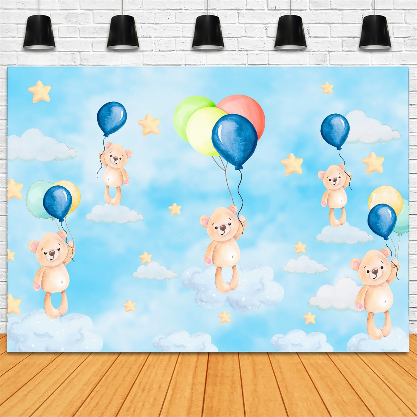 Kinder-Fotohintergrund Schwebende Teddybären-Ballons Traumhimmel-Sternenhintergrund von Magali