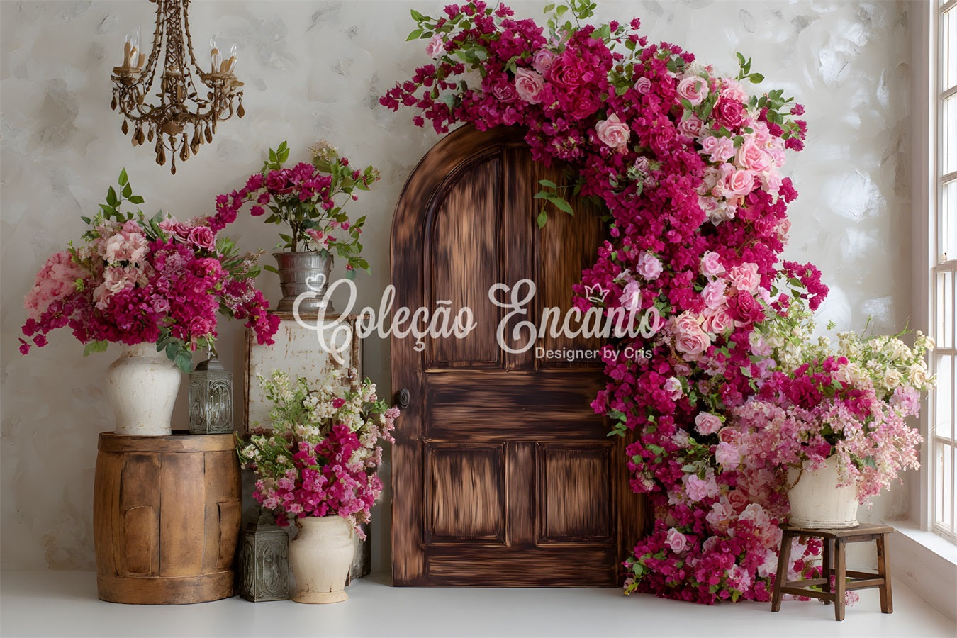 Fotohintergrund für den Muttertag Bougainvillea-Türrahmen Blumiger Hintergrund für den Muttertag von Magali