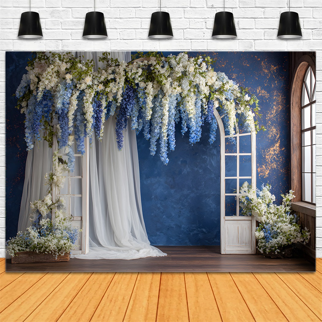 Hintergrund für den Muttertag Blauer Blumenbogen-Arrangement-Fotohintergrund für den Muttertag von Magali