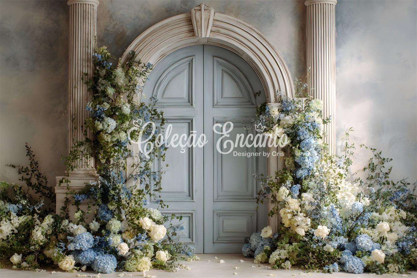 Hintergrund für Muttertags-Fotokabine Blaue Hortensien Weiße Rosen Hintergrunddesign für den Muttertag Von Magali