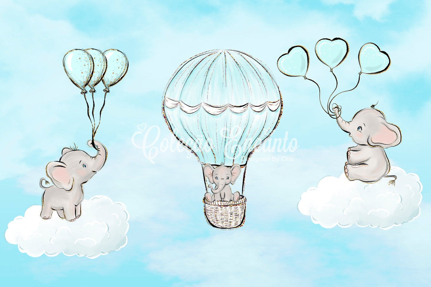 Hintergründe für Kinder Baby-Elefant Wolkenballonfahrt Neugeborenen-Fotohintergrund von Magali