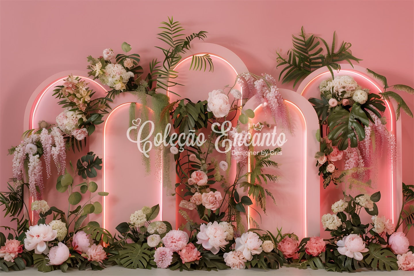 Hintergrunddesign für den Muttertag Neonbögen Tropische Blumen Fotohintergrund für den Muttertag von Magali