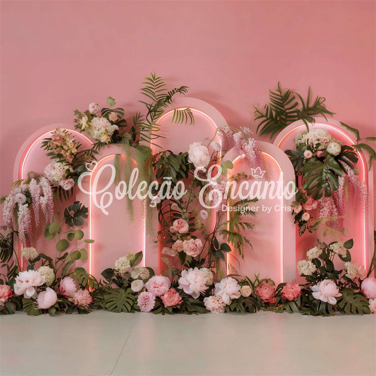 Hintergrunddesign für den Muttertag Neonbögen Tropische Blumen Fotohintergrund für den Muttertag von Magali