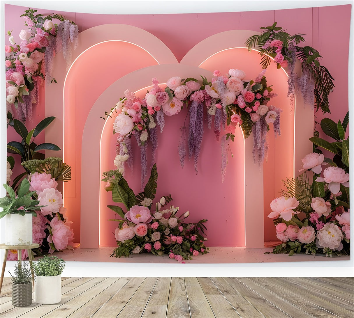 Fotohintergründe für den Muttertag Rosa Neon-Blumenbogen Ideen für Hintergründe für den Muttertag von Magali