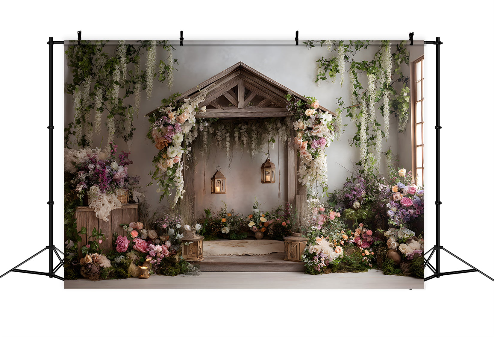 Hintergrunddesign für den Muttertag Rustikaler Holzpavillon Blumen Einfacher Hintergrund für den Muttertag von Magali