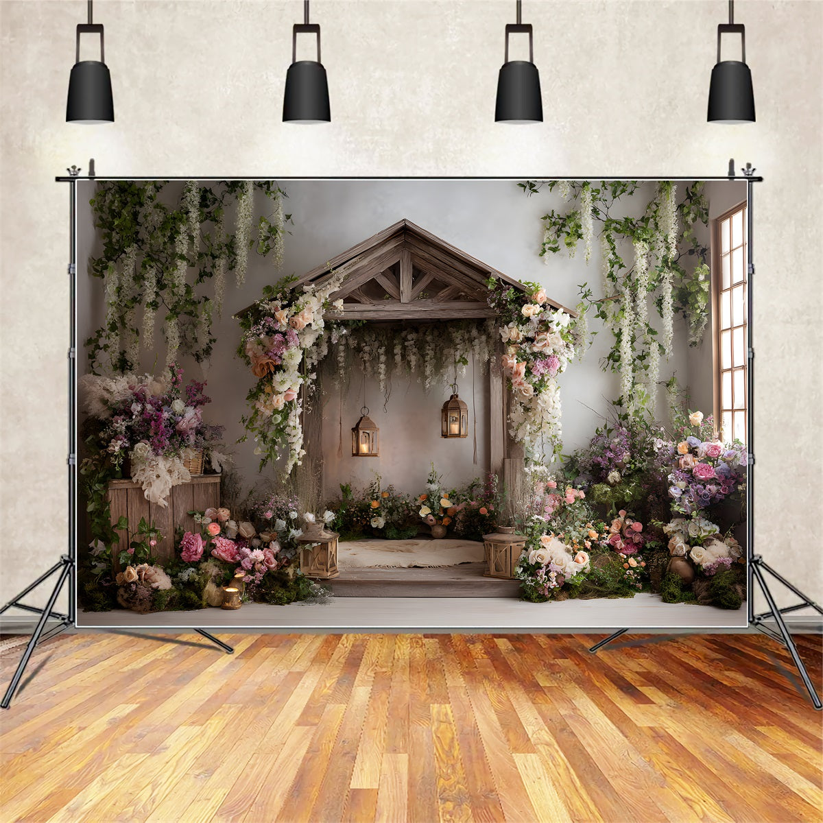 Hintergrunddesign für den Muttertag Rustikaler Holzpavillon Blumen Einfacher Hintergrund für den Muttertag von Magali